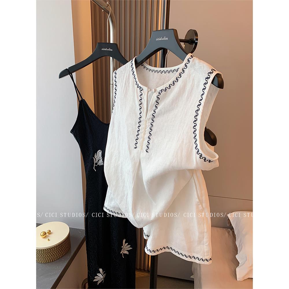 撞色刺绣无袖亚麻套装夏季男士老钱风背心短裤两件套加大码300斤