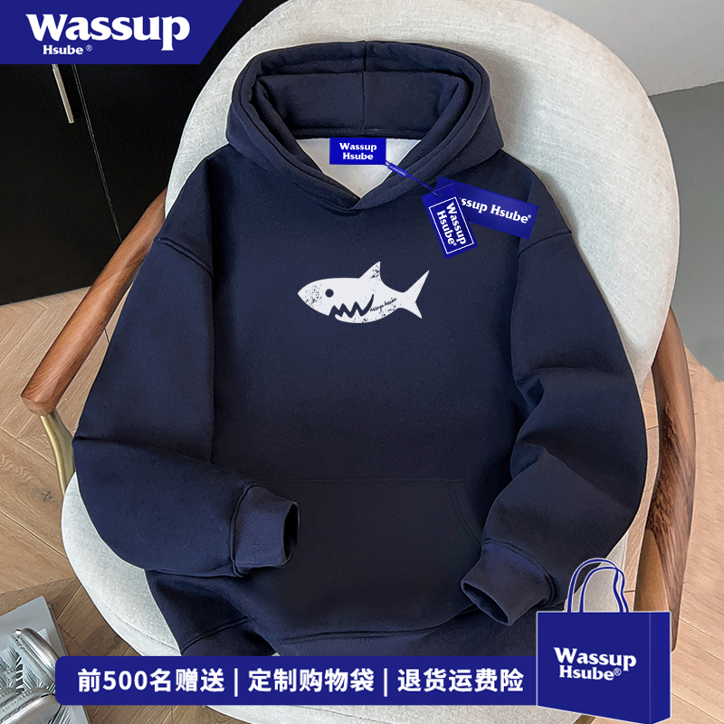 WASSUP HSUBE复古简约鲨鱼印花连帽卫衣男秋冬潮牌藏青色休闲上衣