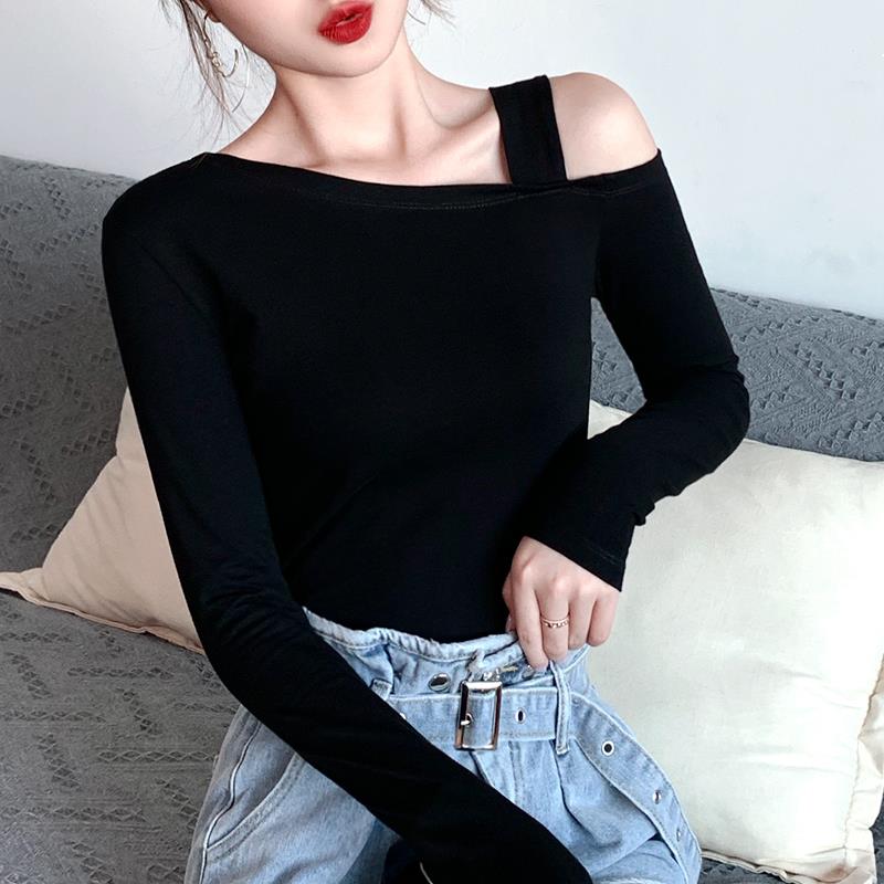 VOCKOO辣妹斜肩露肩长袖t恤女2025早秋新款时尚修身显瘦减龄打底