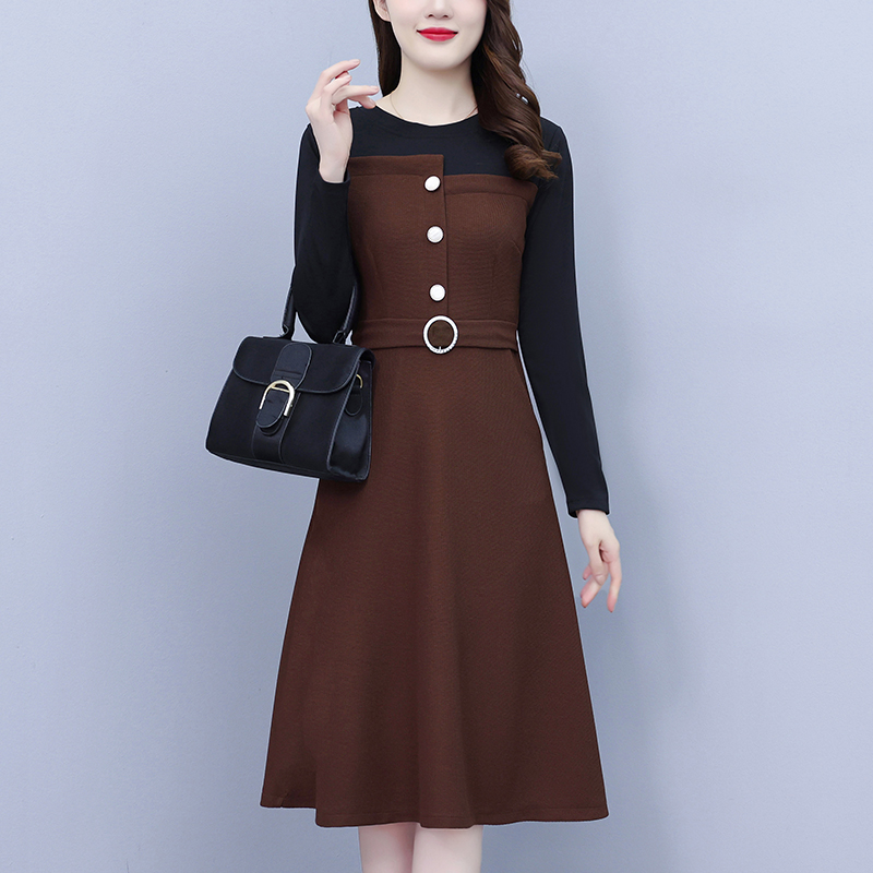 大码女装秋冬圆领拼接针织修身遮肚洋气长袖气质连衣裙女FA#6865