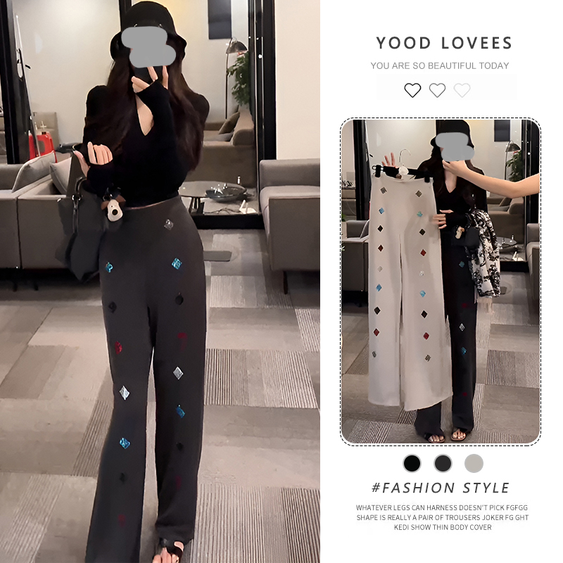 2026春秋季新款V领长袖衬衫收腰休闲简约上衣女烫钻休闲裤两件套