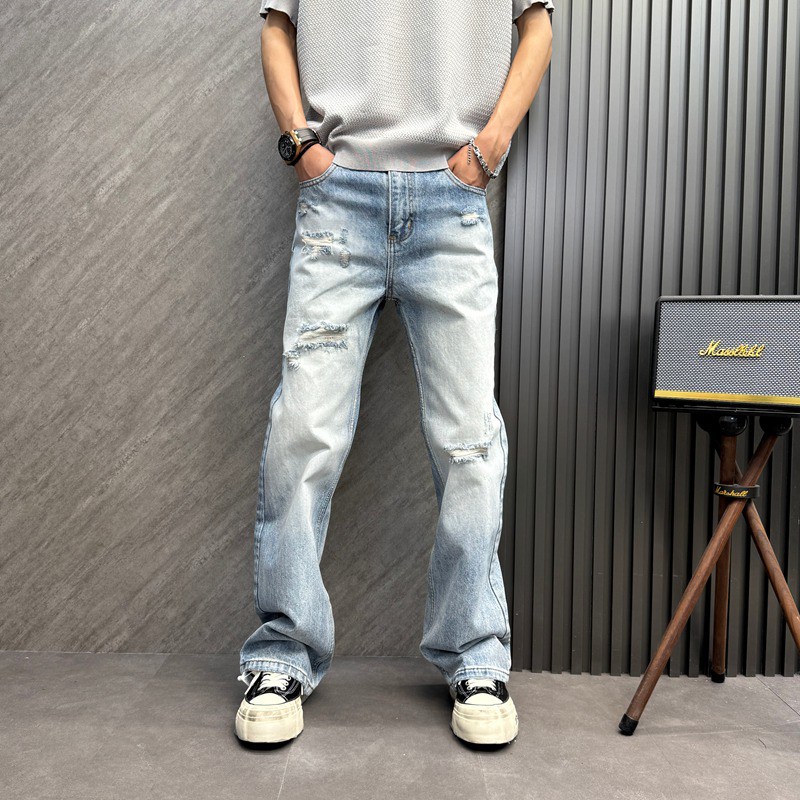 潮牌破洞休闲长裤水洗百搭微喇叭男士微弹力水洗直筒微喇牛仔长裤