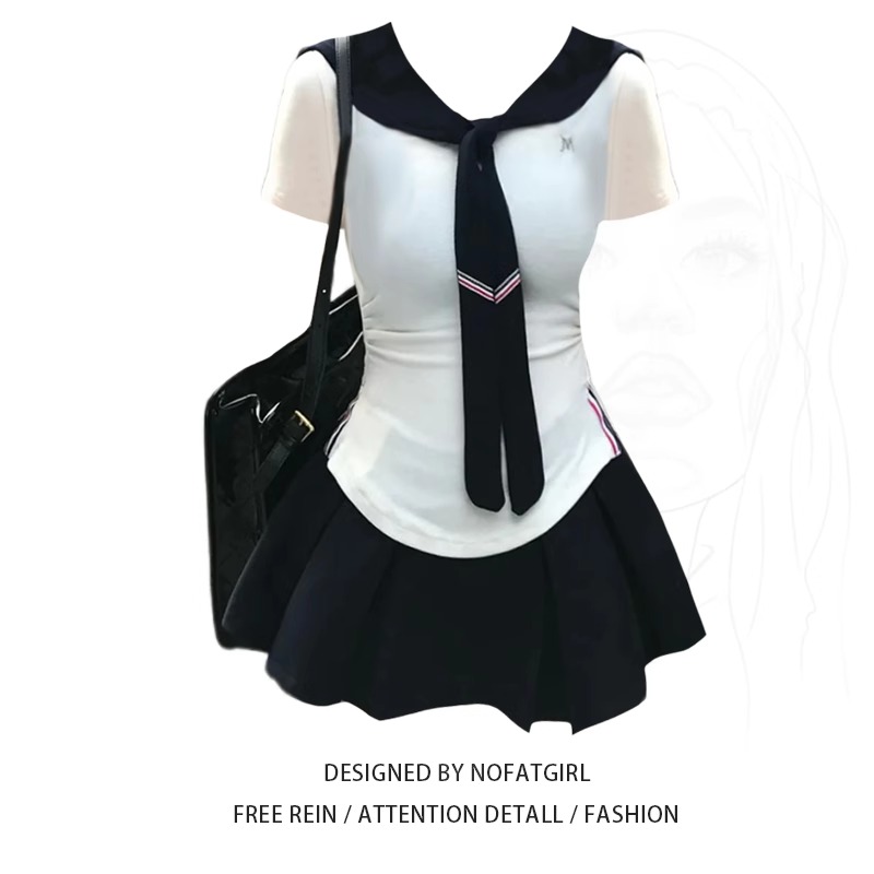 大码胖MM冰川蓝调辣妹修身t恤短袖两件套上衣女夏季百褶短裙套装