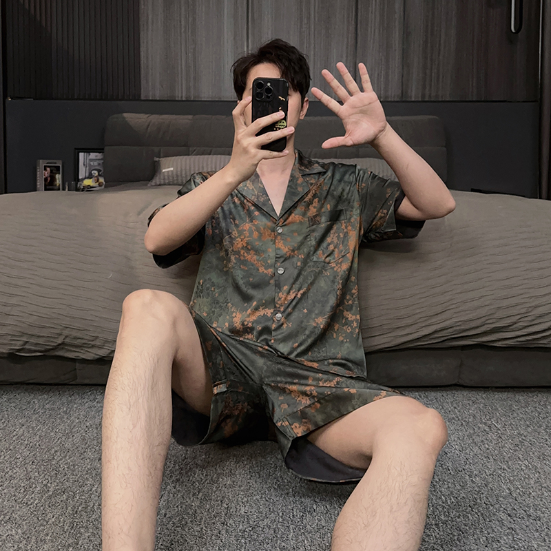 冰丝男士睡衣夏款短袖短裤薄款夏季老钱风轻奢高端居家服男款套装