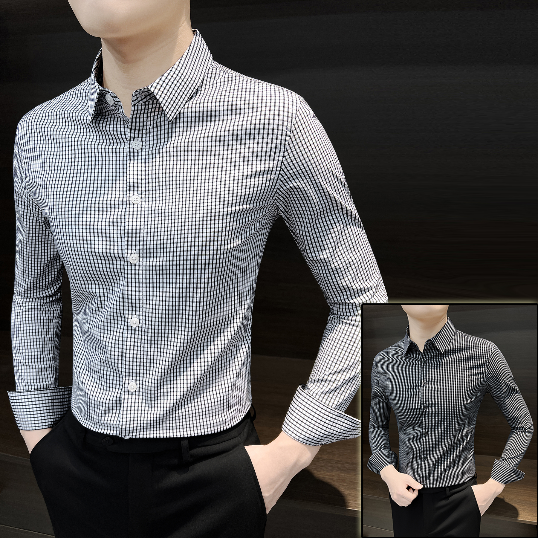 小格子衬衫男款长袖秋季爆款2025新款痞帅高级感修身男士商务衬衣