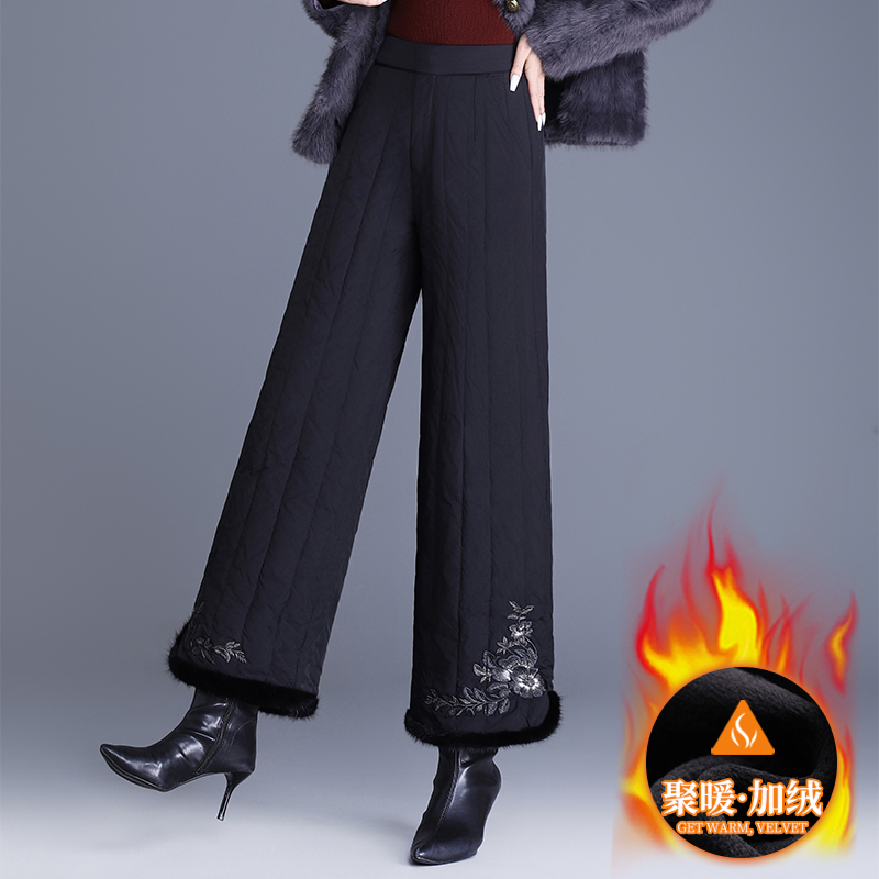 大码宽松加绒棉裤女士冬季加绒保暖高腰宽松显瘦复古绣花阔腿裤女