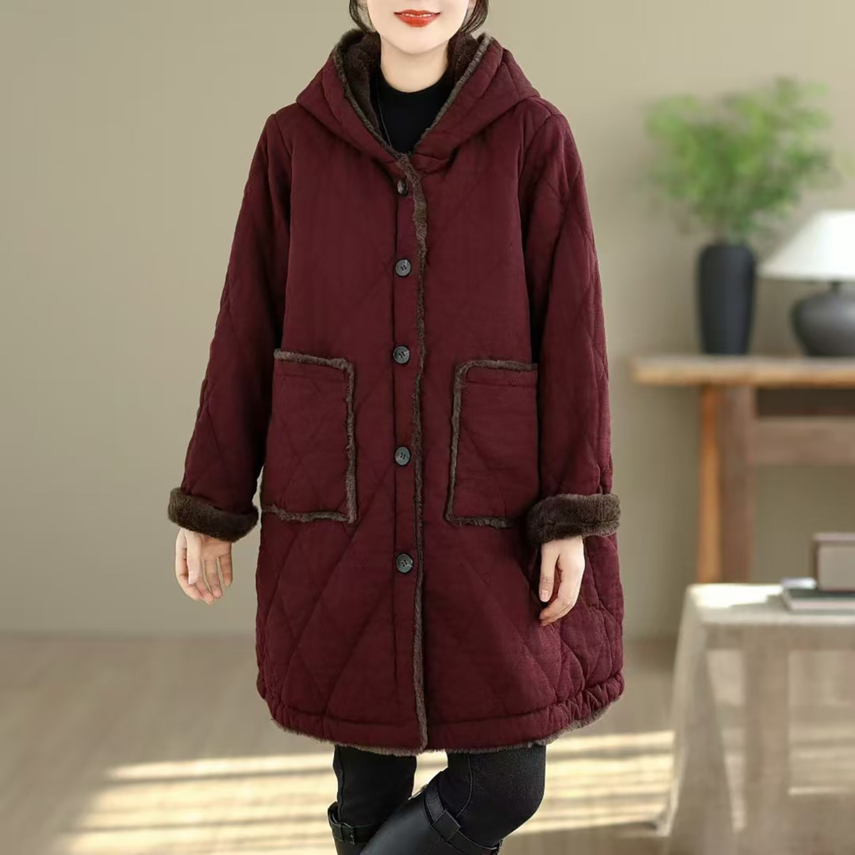 一件过冬女士夹棉加绒拼接连帽宽松棉服纯色口袋款中长棉衣Q87