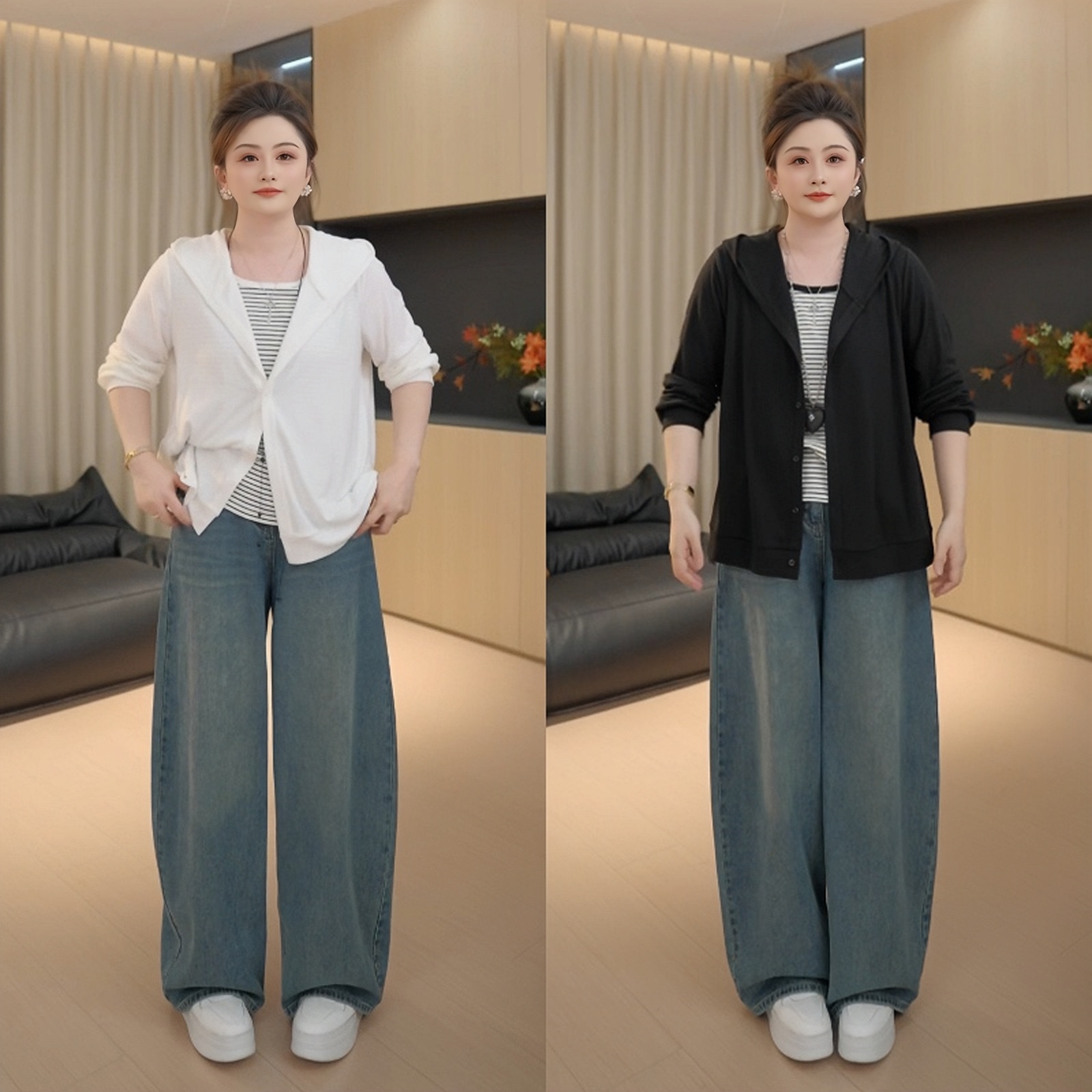 【胖佳佳】现货~软糯松弛 秋季假两件条纹拼接连帽上衣H625Z15730