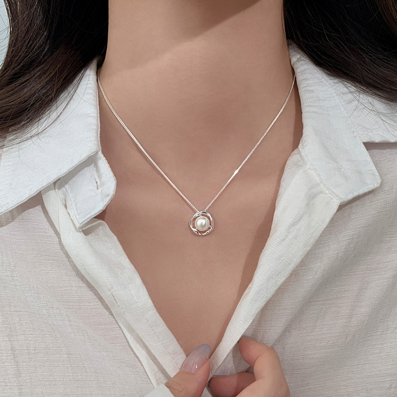 坠链均足银仿珍珠 999纯银珍珠项链时尚小众气质锁骨链设计感颈链