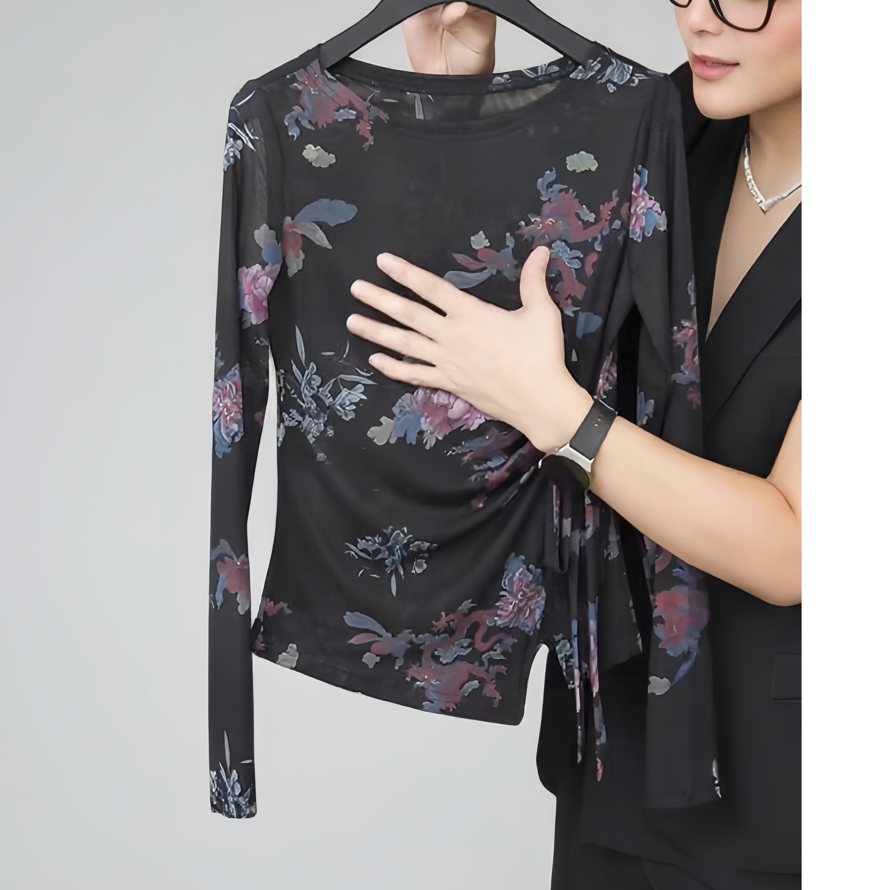 【龙吟锦瑟】2025中国风长袖绑带网纱T恤女气质优雅百搭上衣设计感