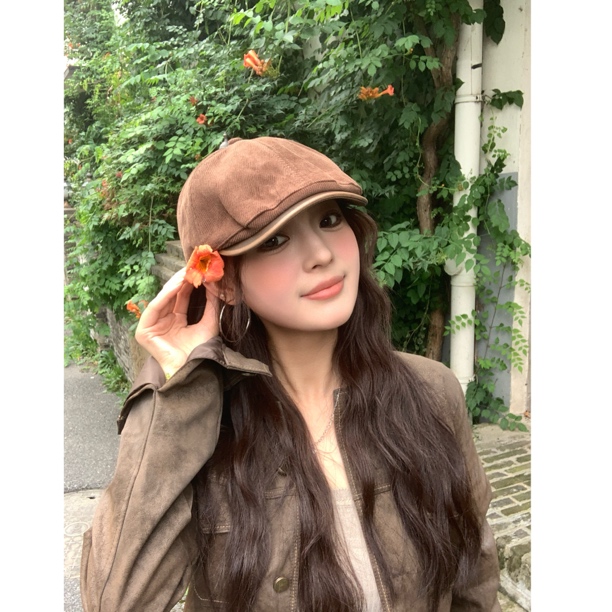 灯芯绒前进帽帽檐皮面拼接英伦时髦复古日系秋冬百搭帽深显脸小