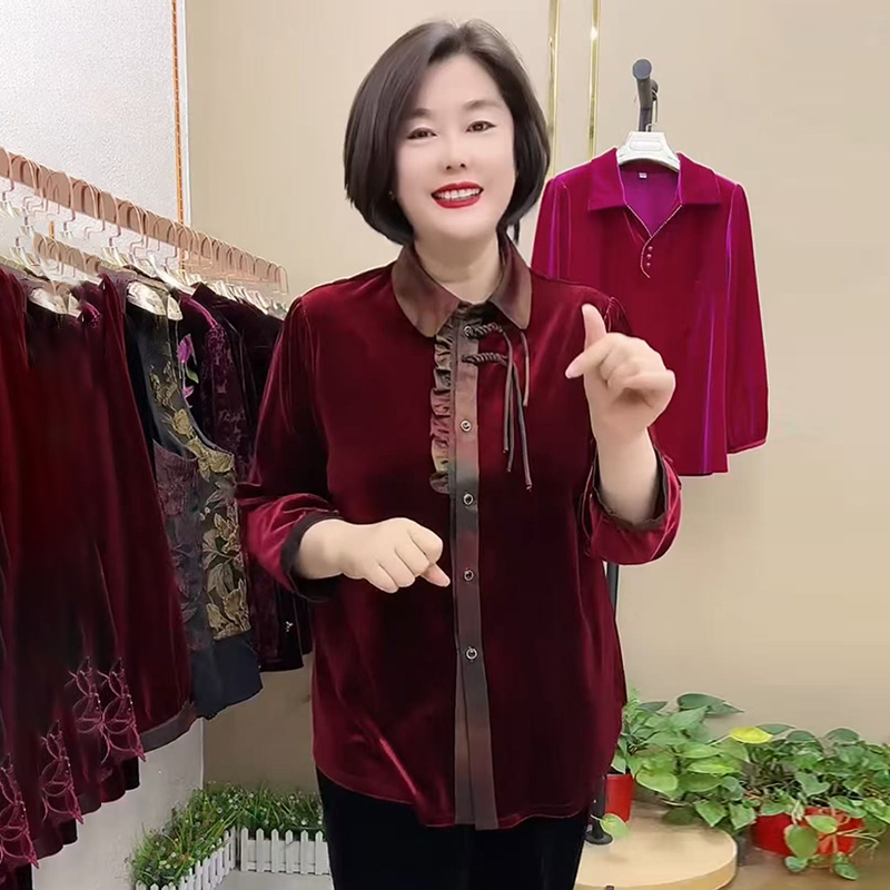 丝绒盘扣翻领开衫妈妈装外套遮肉显瘦小衫时尚气质百搭中老年女装