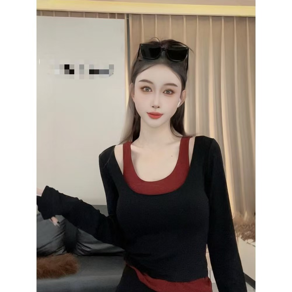慵懒风叠穿两件套长袖T恤女2025秋冬韩版小众设计感辣妹打底上衣
