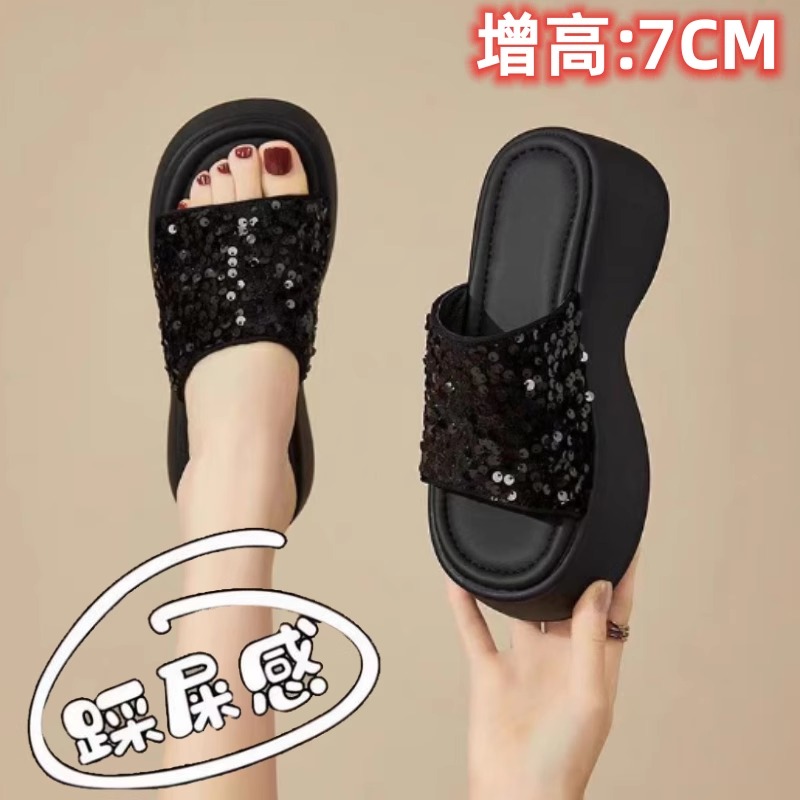 松糕底厚底一字拖鞋女2025百搭时尚亮片坡跟防水台防滑厚底女拖鞋