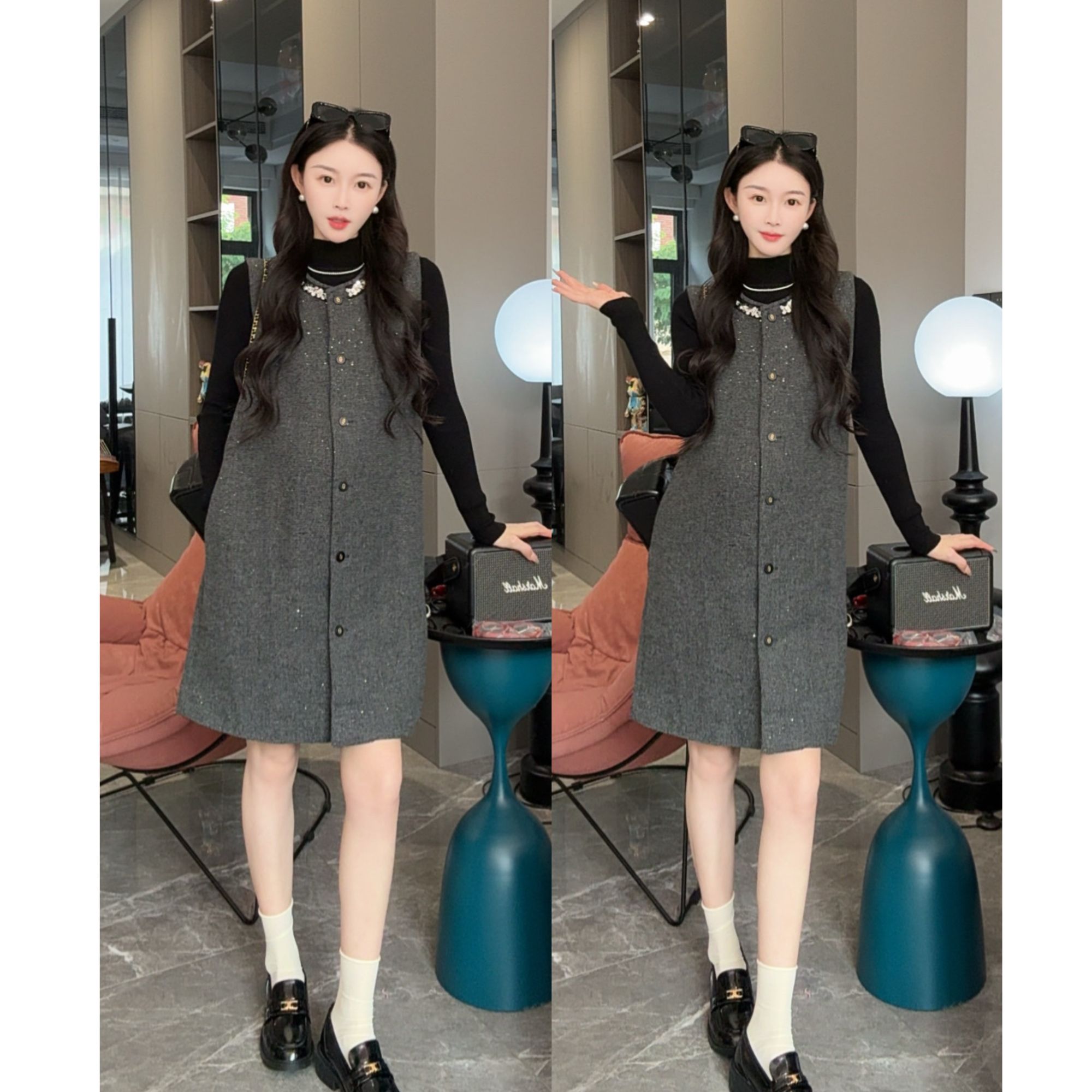 高级感小香风孕妇装韩系秋冬爆款重工钉珠连衣裙打底长袖温柔套装
