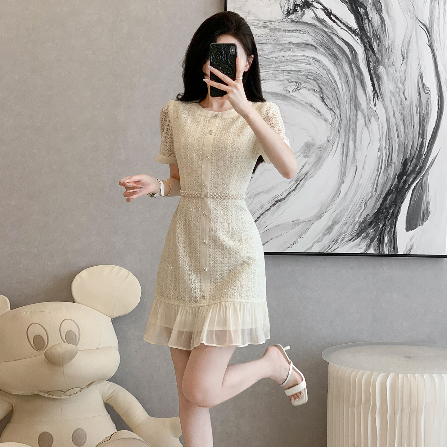 夏季小香风收腰连衣裙女气质轻奢高级感名媛风圆领显瘦短袖A字裙