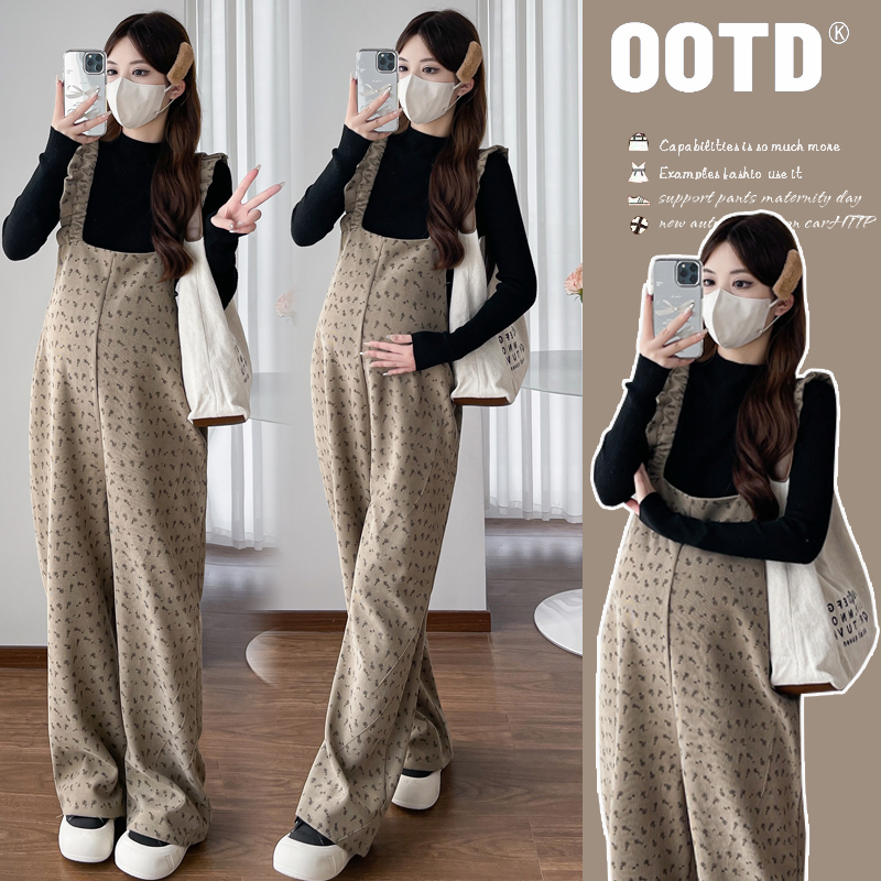 R1107春季针织上衣+碎花背带裤孕妇时尚显瘦百搭两件套套装