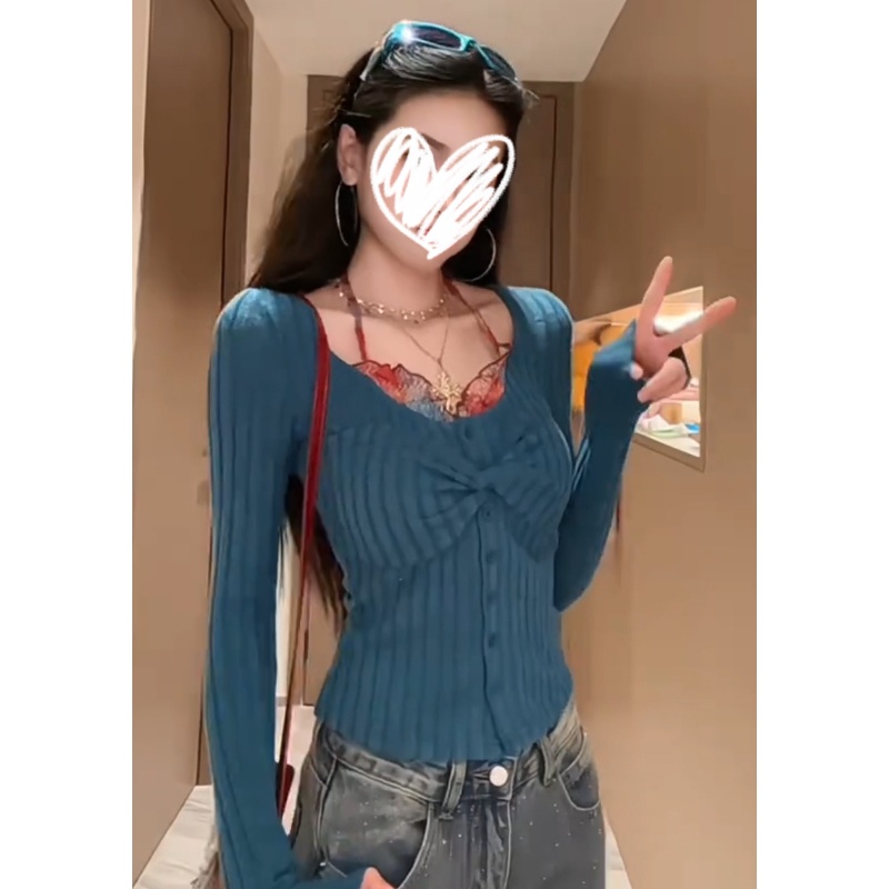 假两件扭结挂脖内搭长袖T恤女装秋冬单排扣修身打底衫辣妹小上衣
