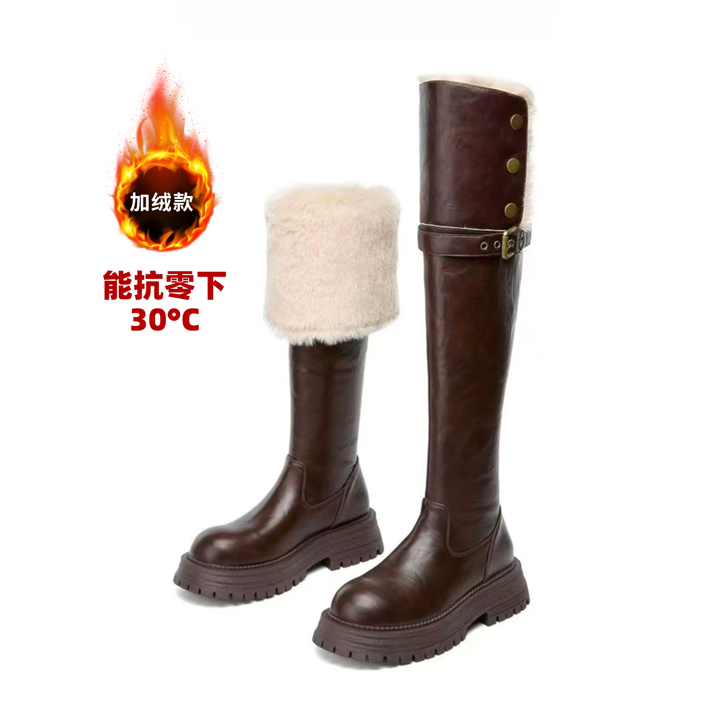 时装靴美拉德风靴子女鞋过膝加绒粗跟弹力厚底长筒A25391596