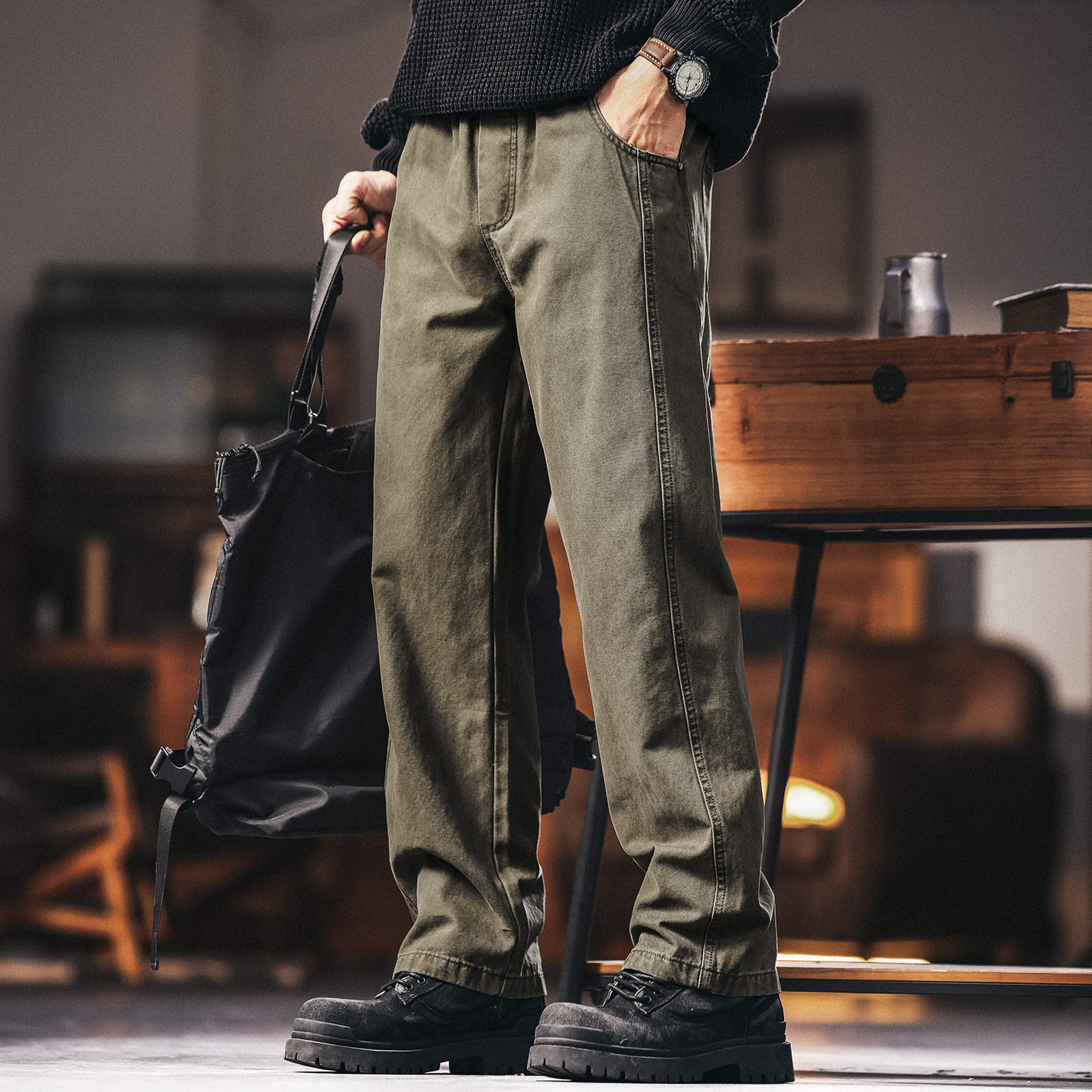 格蓝鹿美式复古重磅宽松工装裤子男秋季新款潮牌直筒锥形休闲长裤