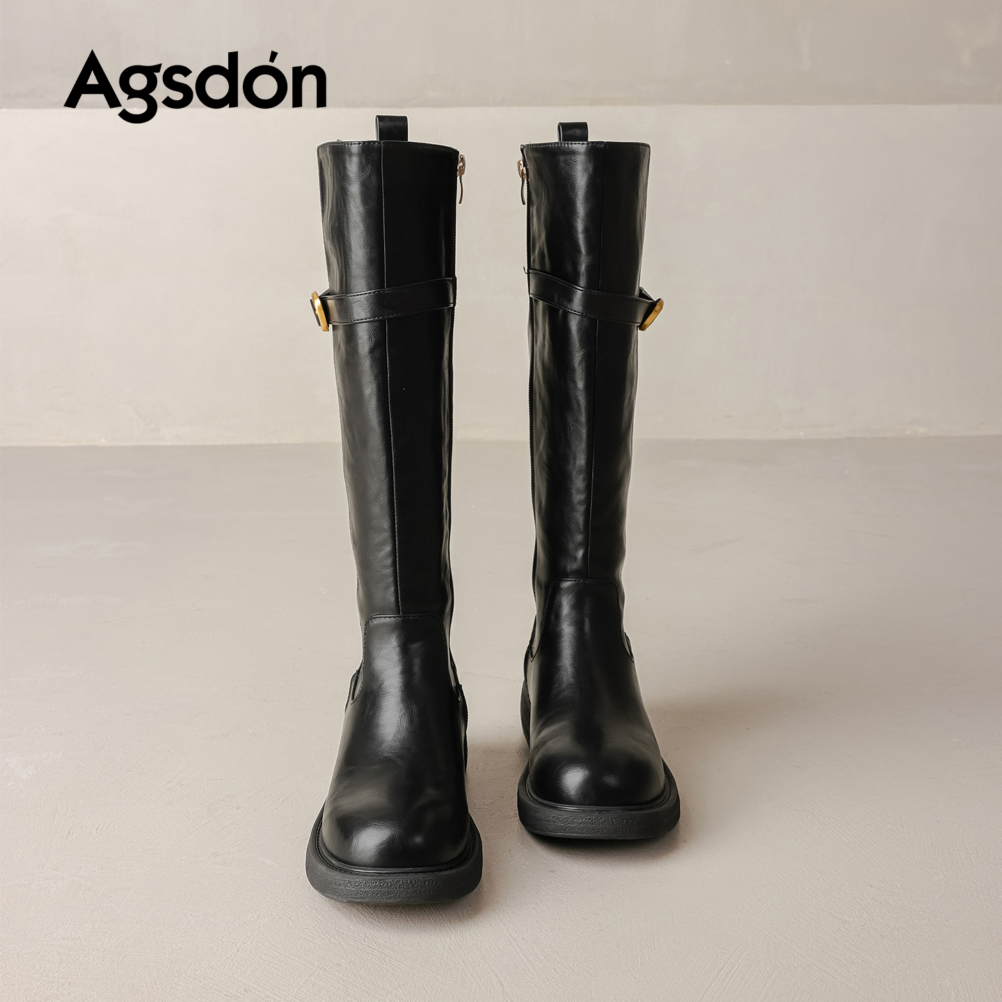 奥古狮登加绒长筒靴女2025新款秋冬厚底不过膝高筒黑色骑士靴H