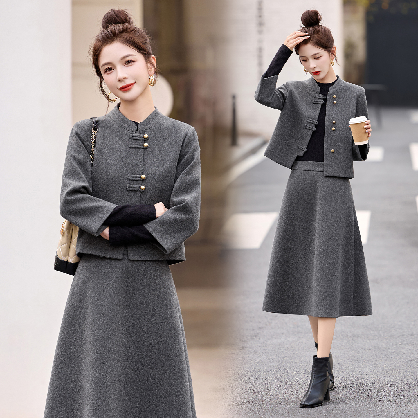新中式国风毛呢套装裙女2025秋冬新款小香风优雅气质半身裙两件套