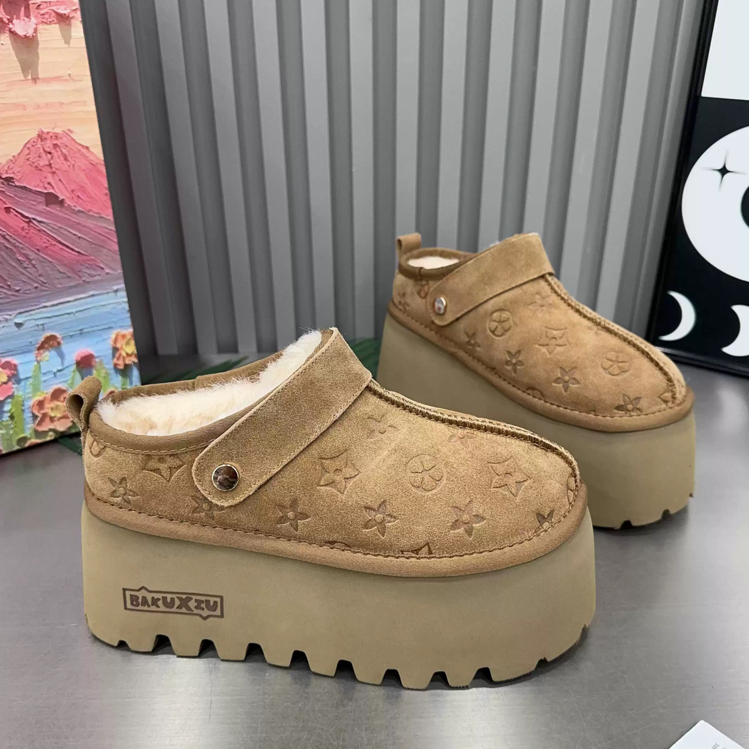 2025秋冬季百搭极简风纯色包头拖厚底增高7CM带时尚印花百搭圆头