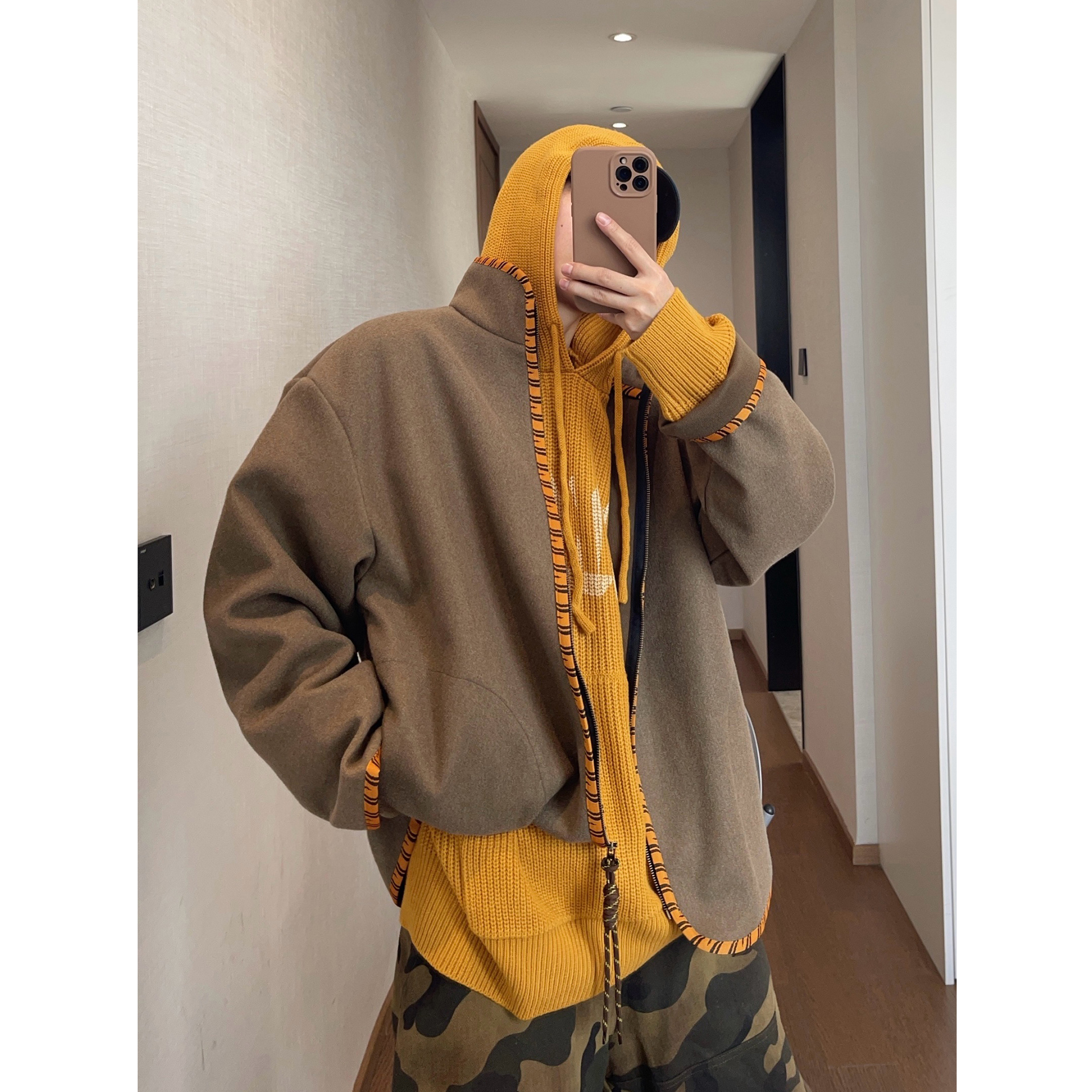 dannyandzee秋季复古棕色呢料宽松虎纹织带立领拉链夹克外套823