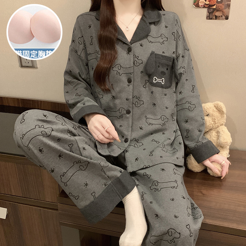 春秋季新款长袖带胸垫睡衣女士秋冬款薄款透气卡通可爱家居服套装