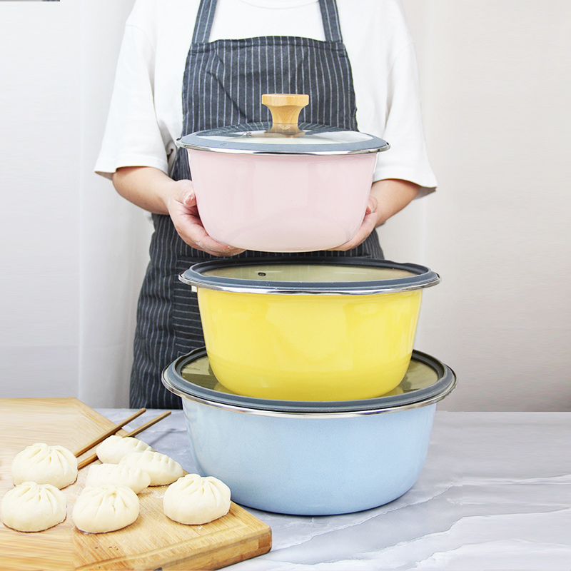 马卡龙带盖和面盆家用厨房揉面不粘醒调发面特厚珐琅搪瓷盆