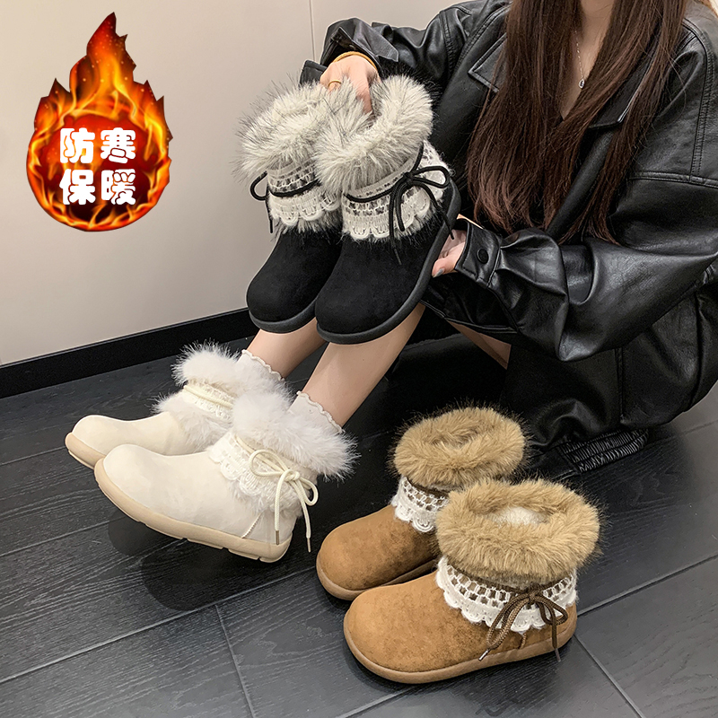 复古圆头皮毛一体雪地靴女款冬季新款加绒毛毛保暖棉靴毛茸茸短靴