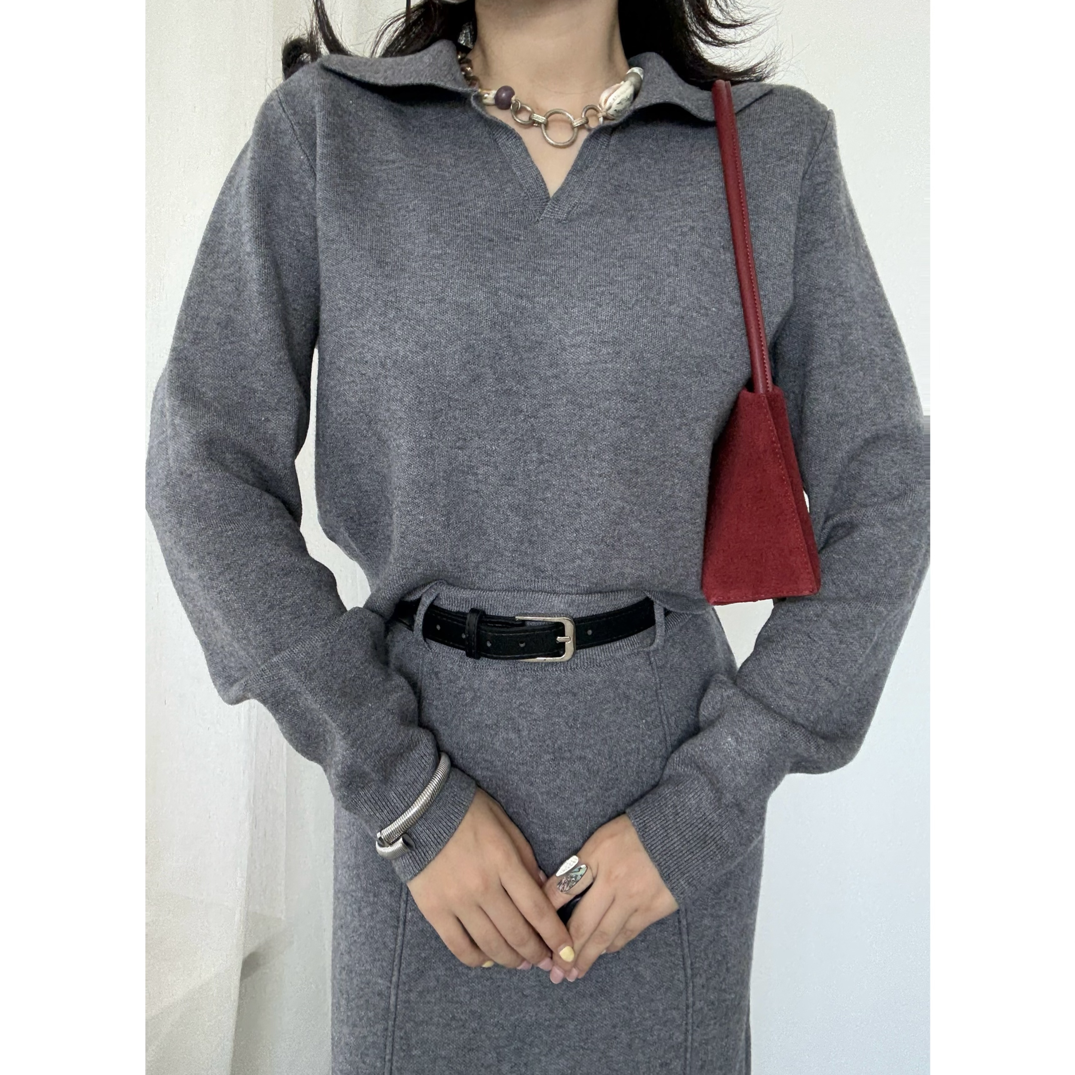 【慵懒羊绒套装】秋冬针织翻领毛衣松紧腰半身裙套装两件套