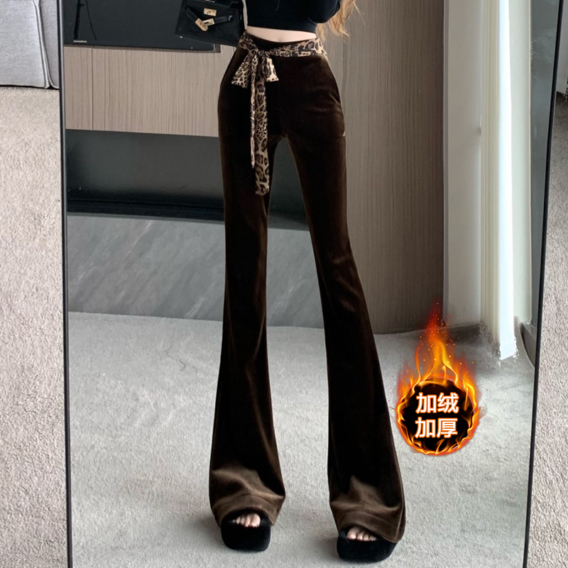 咖色丝绒微喇裤女秋冬加绒加厚修身显瘦高腰裤垂感休闲百搭拖地裤