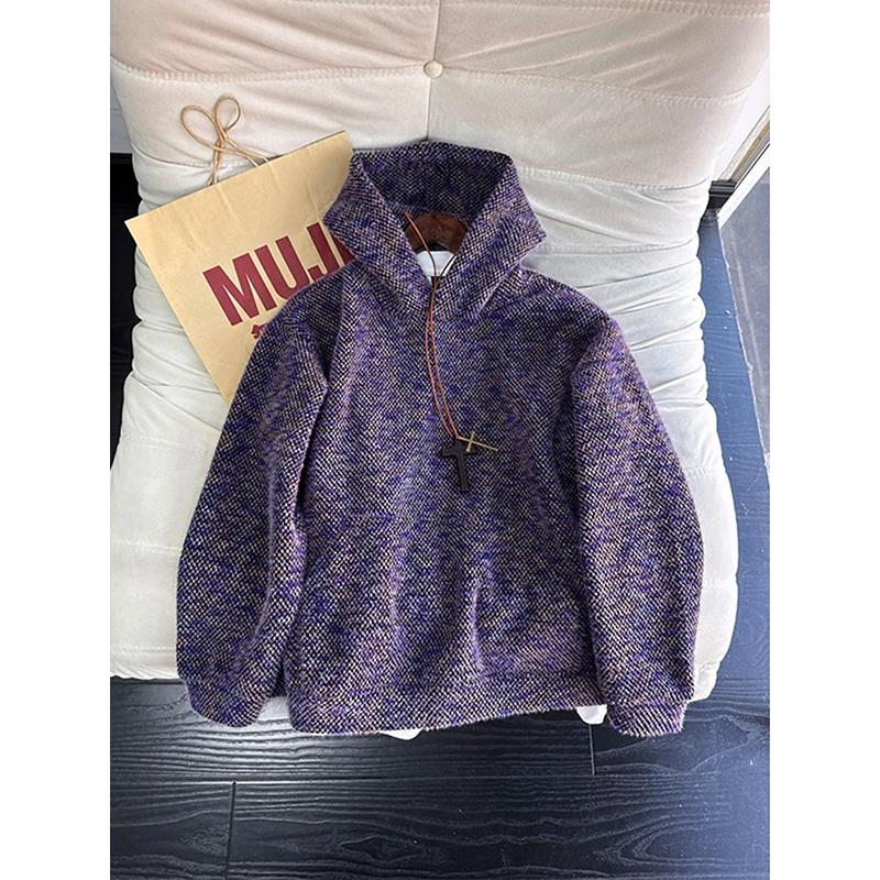 莫奈紫毛绒针织卫衣男女款秋冬小众设计连帽衫高级感宽松休闲外套