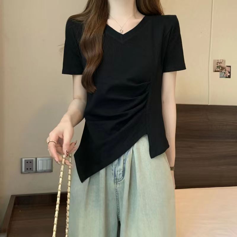 2-300斤大码2025夏季新款胖mm显瘦正肩设计感不规则v领短袖t恤女