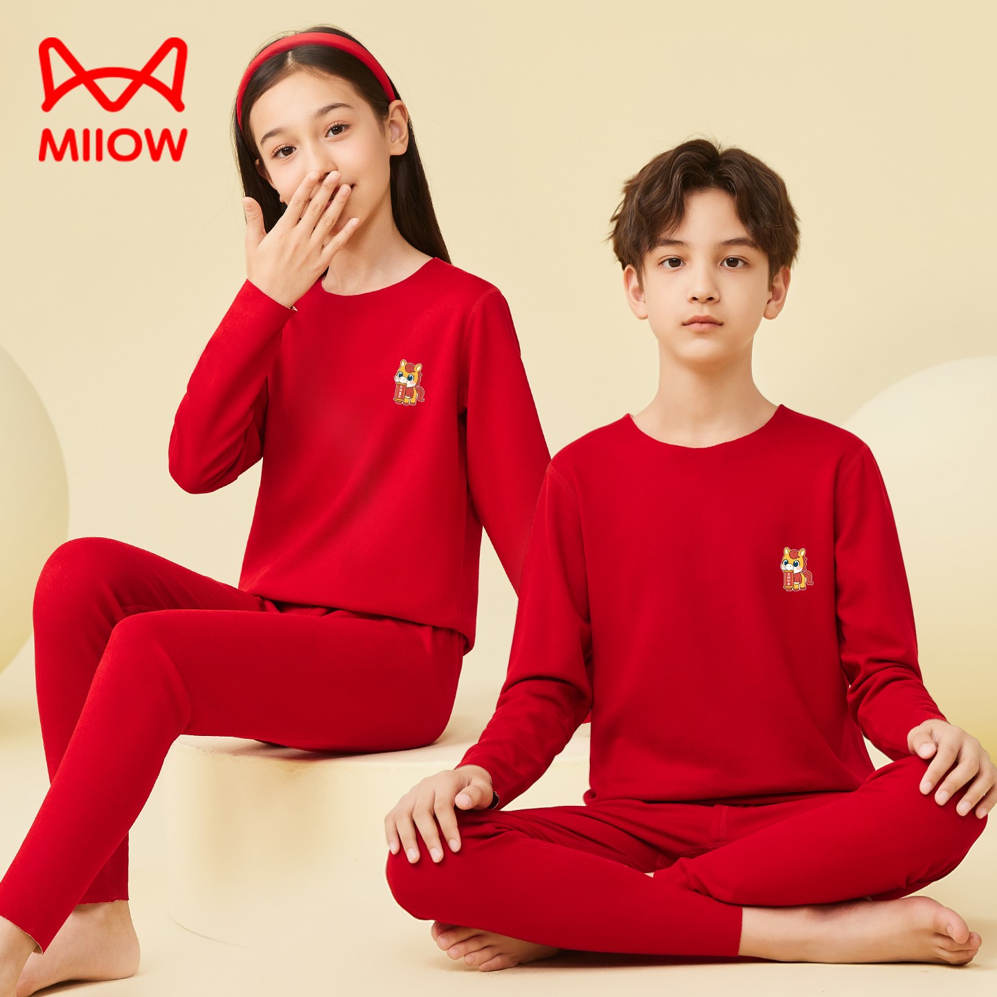 猫人儿童本命年内衣套装马年衣服男孩女童青少年红色秋衣秋裤12岁