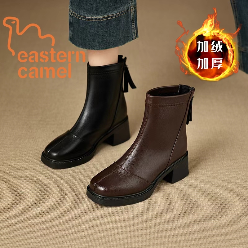 【东方骆驼】手工方头马丁女靴子加厚冬季防滑保暖短靴粗跟真皮7021