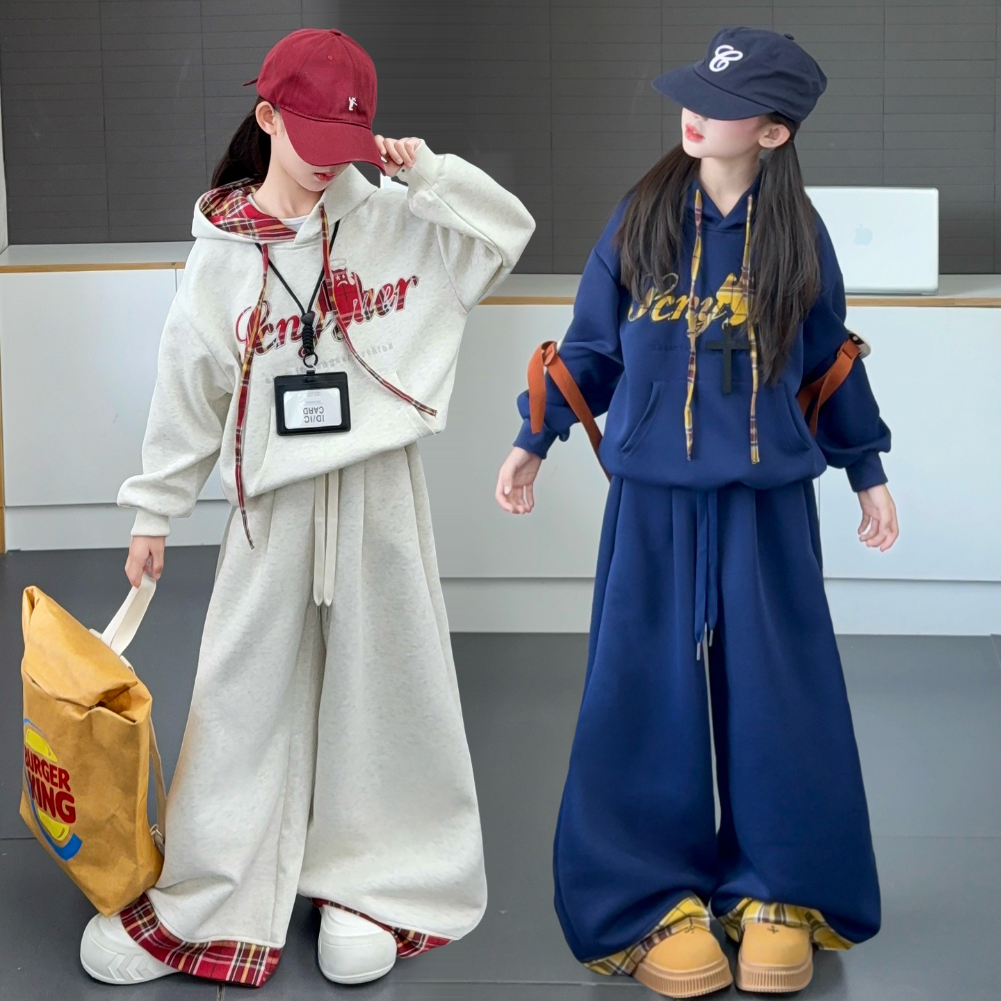 女童春秋连帽卫衣套装2025新款女大童秋季拼接格子阔腿裤两件套潮