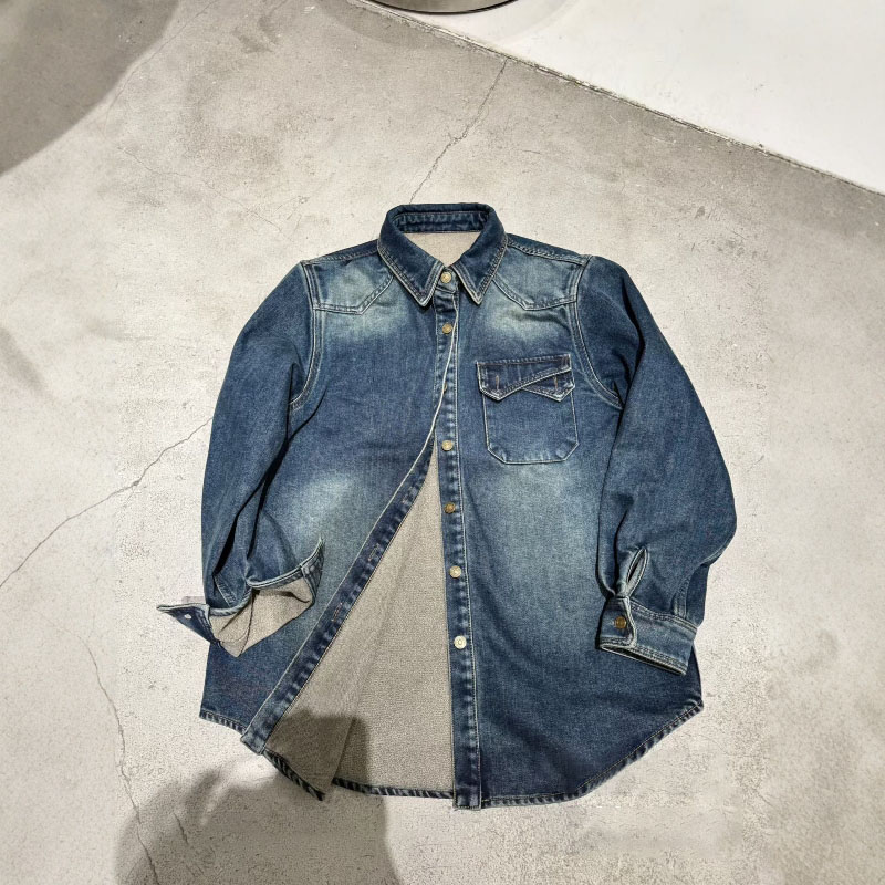 2025春秋新款时尚翻领复古单排扣百搭磨毛牛仔衬衫显瘦长袖衬衣女