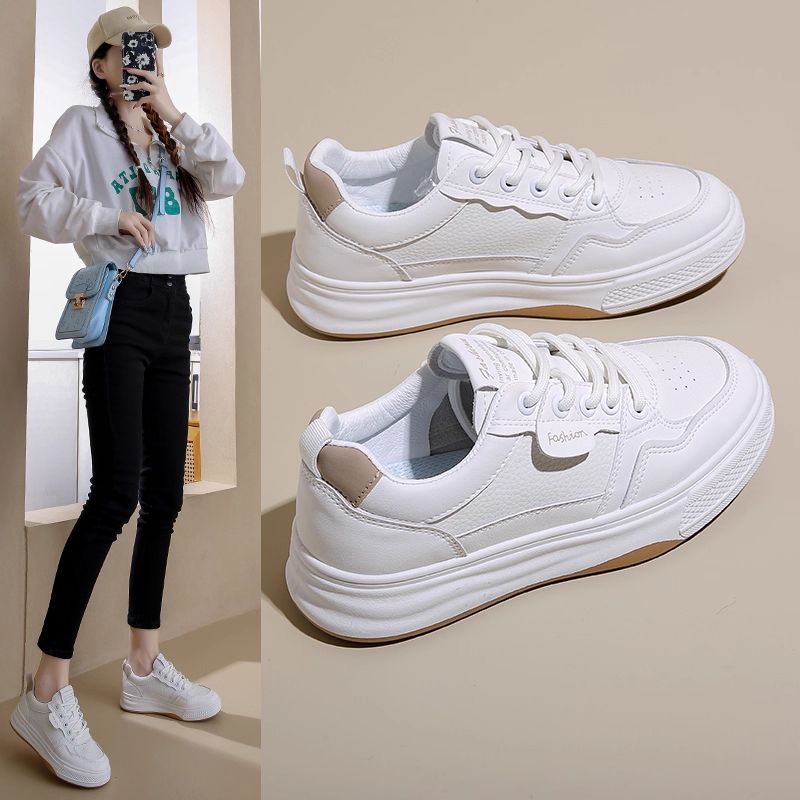 百丽官秋季新款小白鞋女平底皮面德训鞋休闲运动板鞋白色日系超火