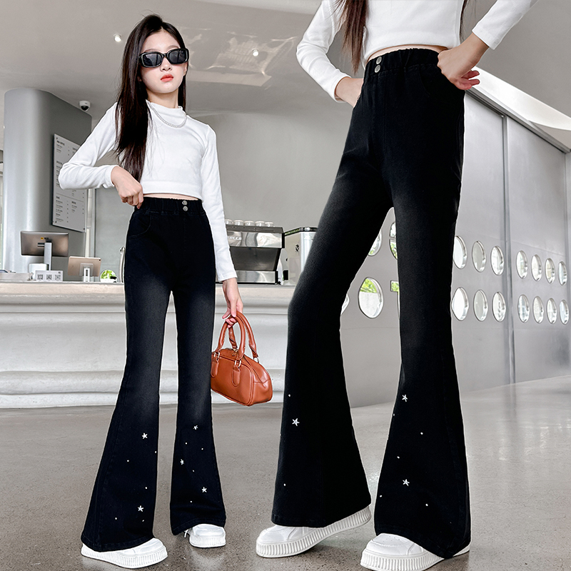 女童牛仔喇叭裤春秋季新款儿童洋气裤子中大童秋季弹力显瘦微喇裤