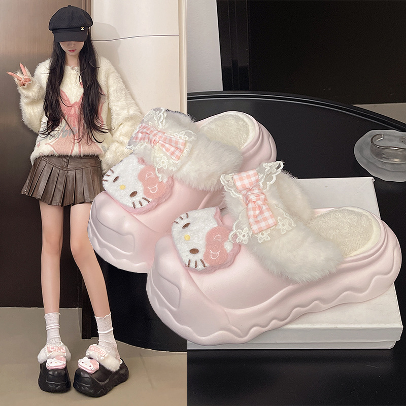 冬天外穿厚底增高可拆卸包头开口笑棉拖鞋可爱卡通KT毛毛鞋女防滑