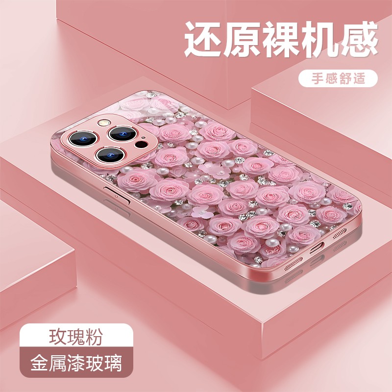 满屏玫瑰花适用苹果17/16华为P70/vivo/oppo金属漆玻璃防摔手机壳