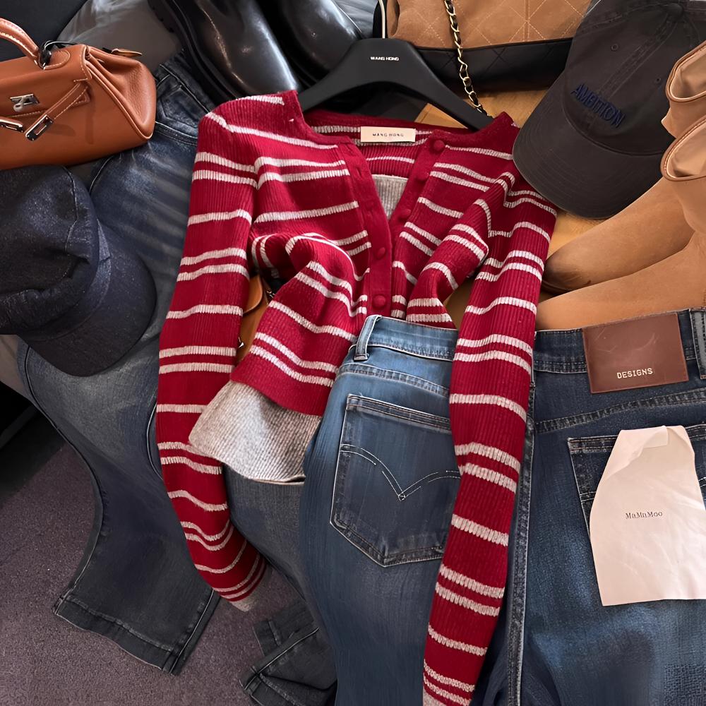 A休闲2025冬季新款洋气复古风百搭显瘦条纹假两件设计感针织衫