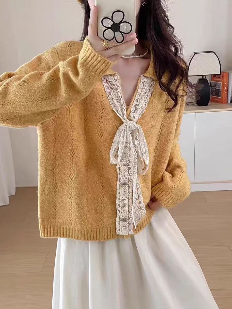 胖MM系带蝴蝶结V领秋冬毛衣上衣开衫洋气减龄秋季针织衫女H811