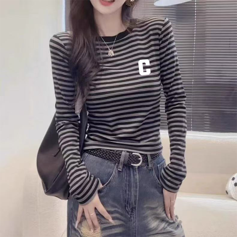 秋冬德绒保暖撞色条纹设计感长袖t恤修身内搭打底衫小众女装上衣