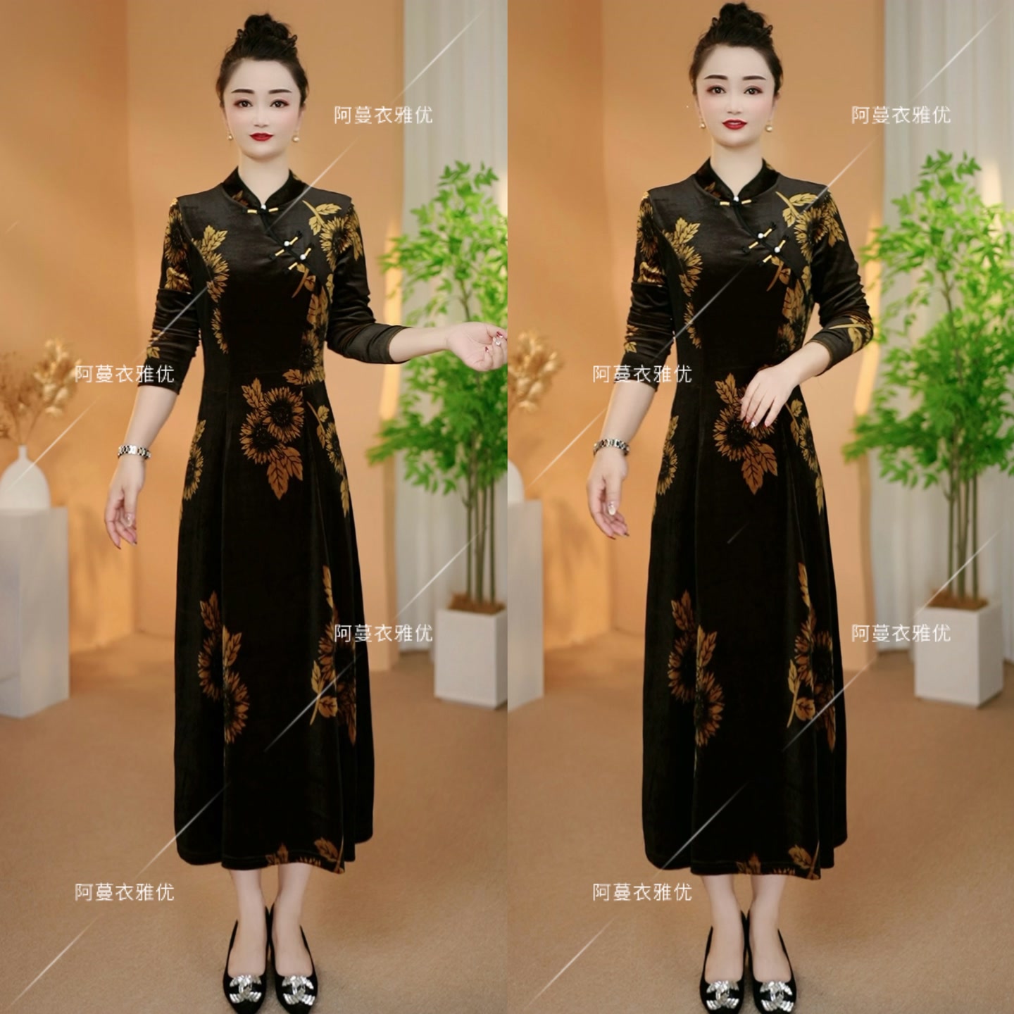 【衣雅严选】8176-2298#新款重磅水晶绒花朵斜门襟旗袍连衣裙