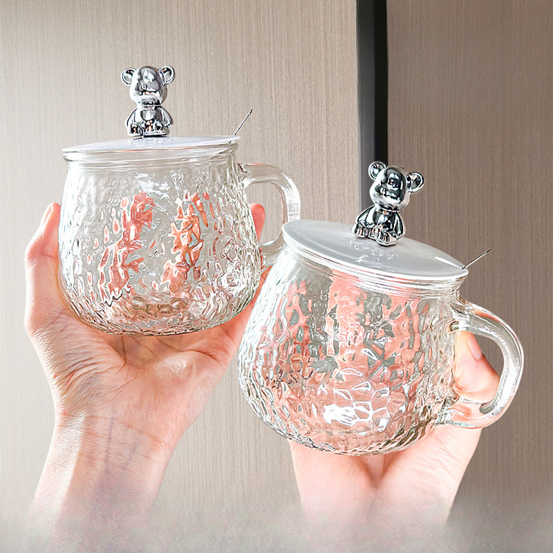网红小熊锤纹水杯女士咖啡牛奶杯高颜值家用高级感带把手早餐杯