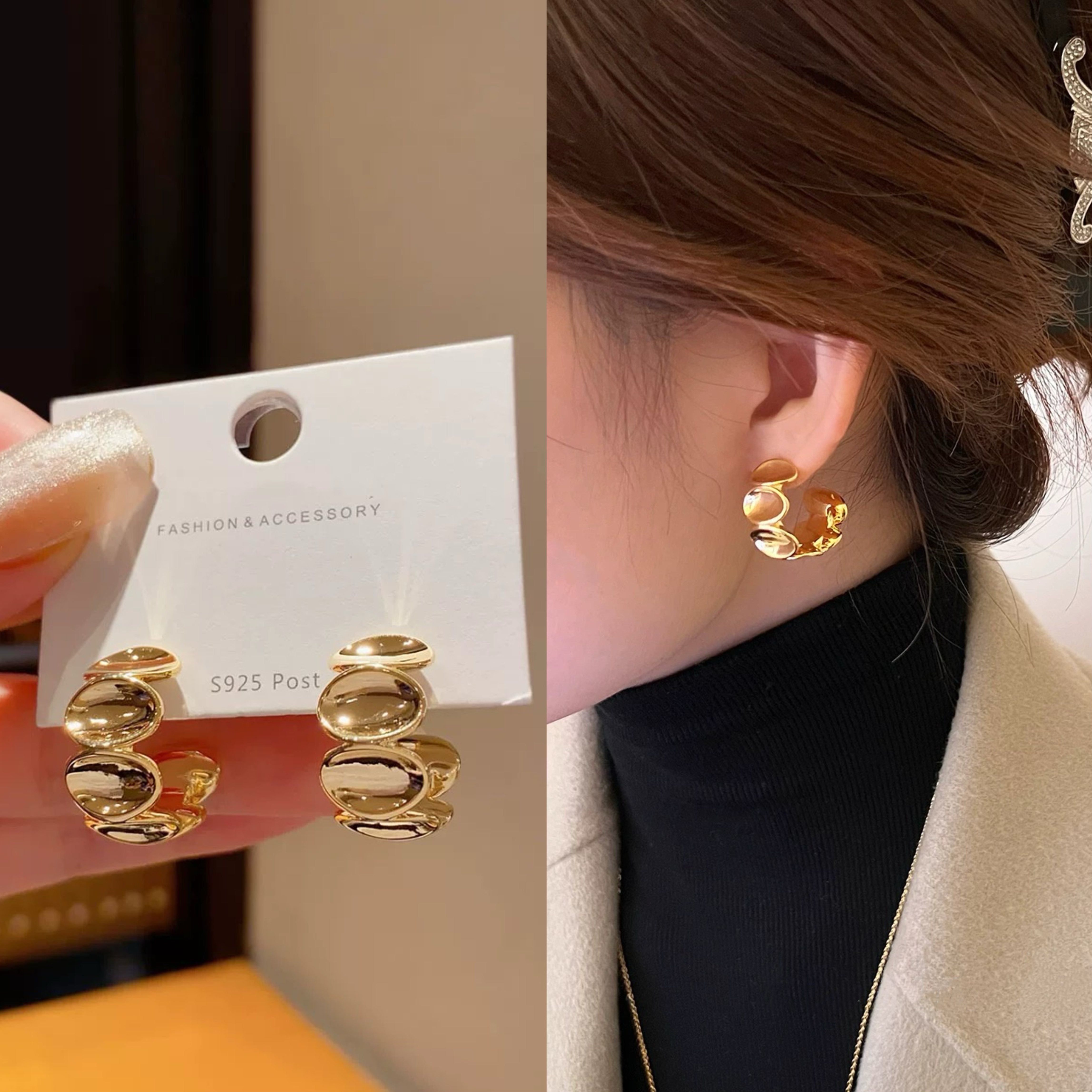 铜合金耳饰 高级感小众金属冷淡风C形耳圈法式百搭气质耳饰3164
