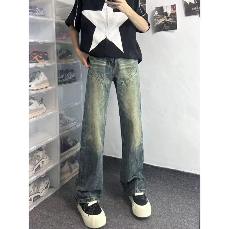 美式高街怀旧蓝牛仔裤男水洗做旧cleanfit设计感小众直筒微喇裤子